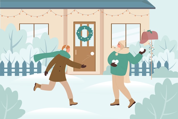 Le persone giocano a palle di neve combattono il gioco, illustrazione di attività all'aperto di vacanze di natale.