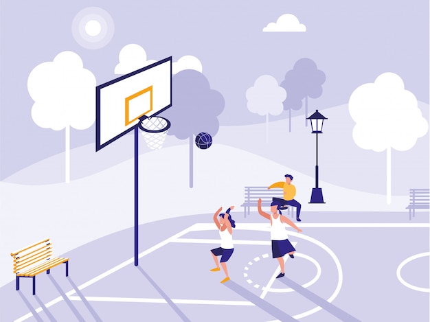 Vector people playing on basketball field