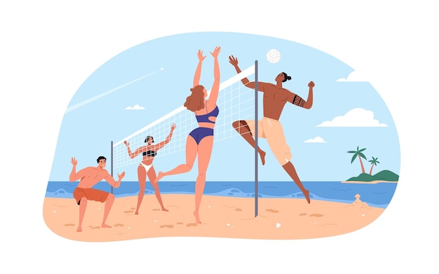 Vector people playing beach volleyball on summer holiday. players teams on sand court with net at sea coast. volley ball game at seaside. flat graphic vector illustration isolated on white background.