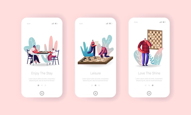 People playing chess mobile app page onboard screen template.