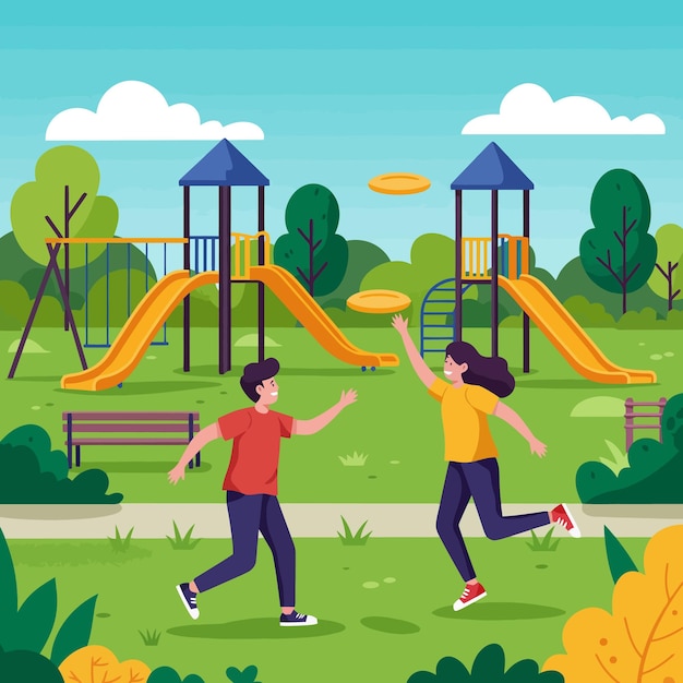 people playing disc in park on sunny day with slides
