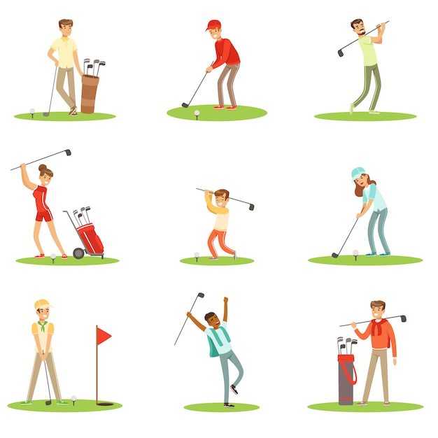 Vector people playing golf on grass, striking the ball with club set of smiling characters enjoying gulf game outside in summer