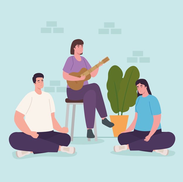 Vector people playing guitar at home design of activity and leisure