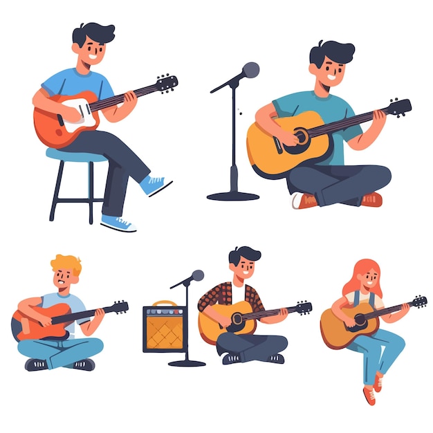 people playing music guitar set cartoon