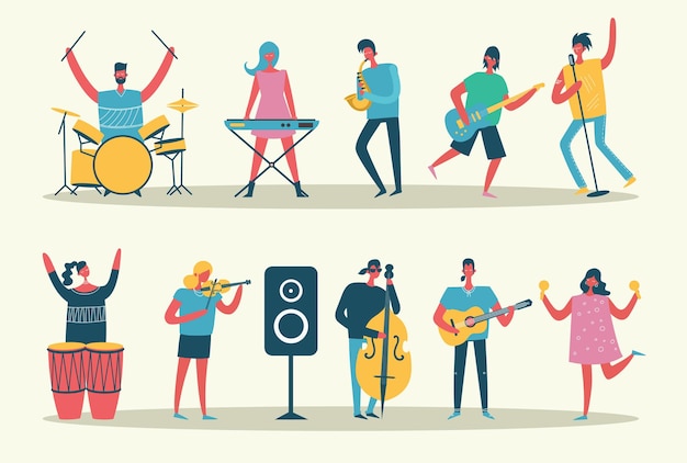 Vector people playing musical instruments vector illustrations set. young singer recording song with professional equipment cartoon character. talented musicians, band members performance.
