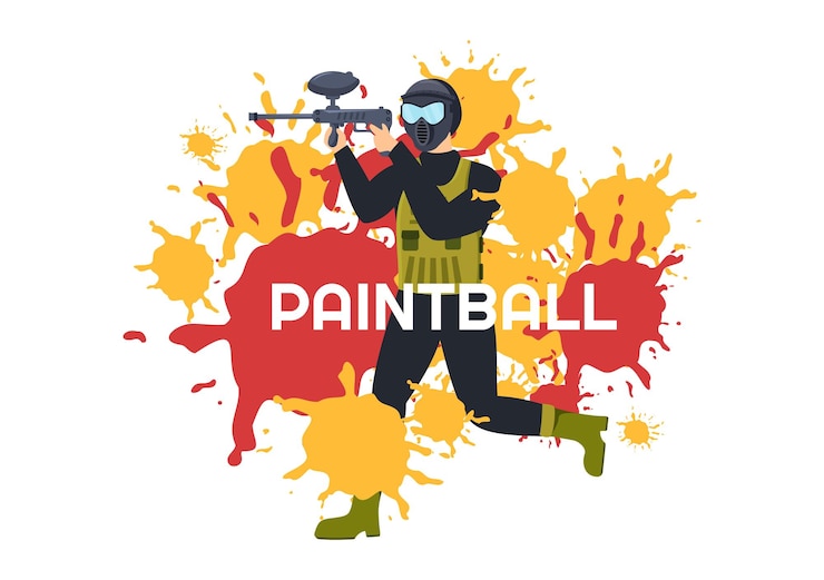 Vector people playing paintball of fighter player shooting with gun shoot in field scene in illustration