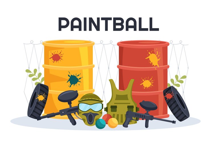Vector people playing paintball of fighter player shooting with gun shoot in field scene in illustration