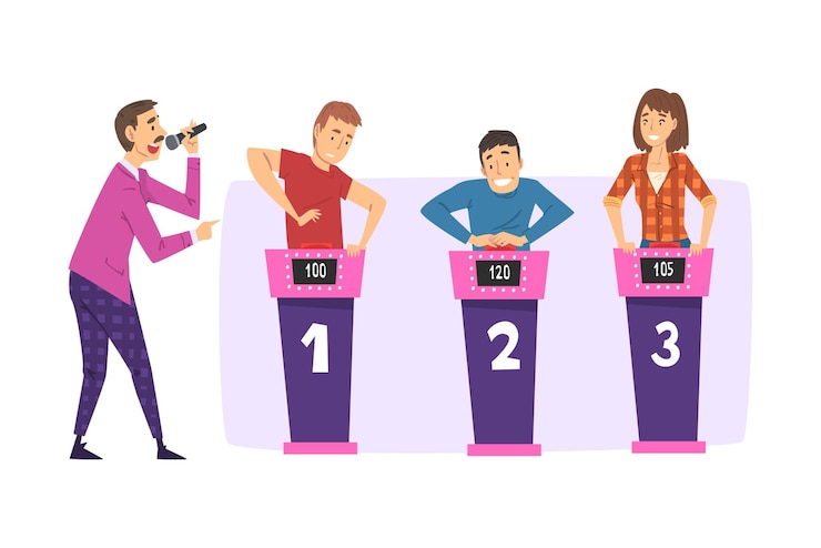 Vector people playing on quiz show presenter asking and participants answering questions on television conundrum game cartoon style vector illustration
