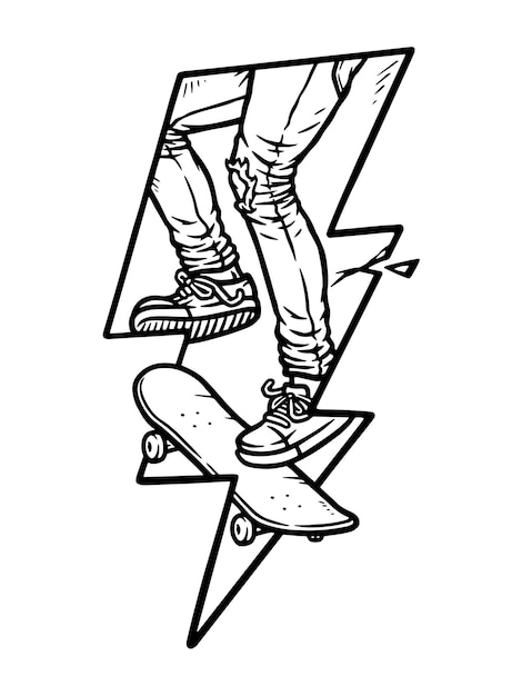 Vector people playing skateboard with lightning shape line illustration