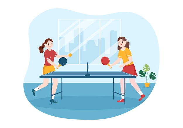 People Playing Table Tennis Sports with Racket and Ball Illustration