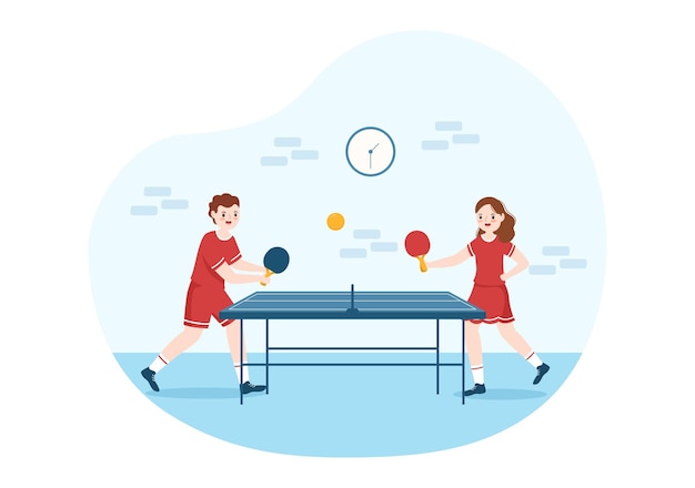 People Playing Table Tennis Sports with Racket and Ball Illustration