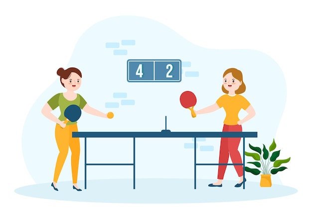 People Playing Table Tennis Sports with Racket and Ball Illustration