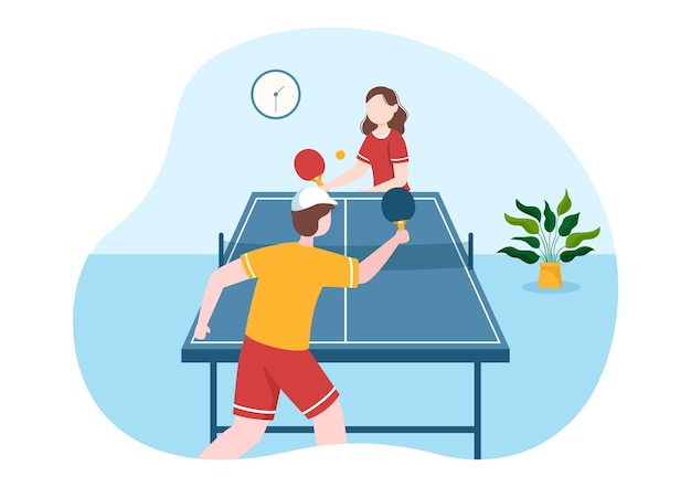 People Playing Table Tennis Sports with Racket and Ball Illustration