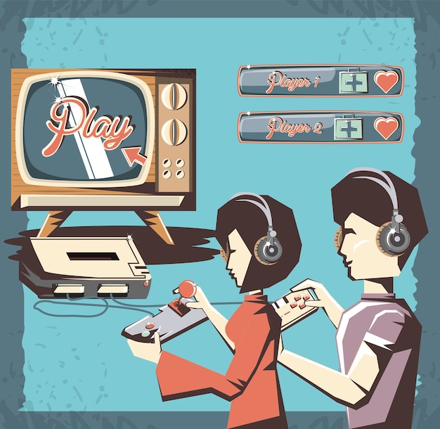 Vector people playing video game retro vector illustration design