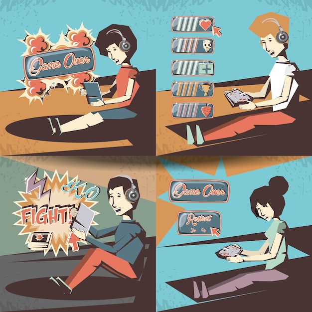 People playing video game retro vector illustration design