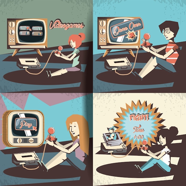 people playing video game retro vector illustration design