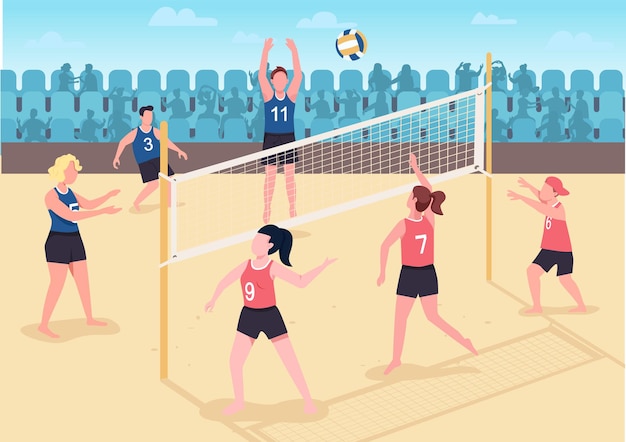 Vettore persone che giocano a pallavolo sulla spiaggia piatta. i visitatori che trascorrono il tempo libero delle vacanze all'aperto. personaggi dei cartoni animati 2d di giocatori di pallavolo con fan urlanti