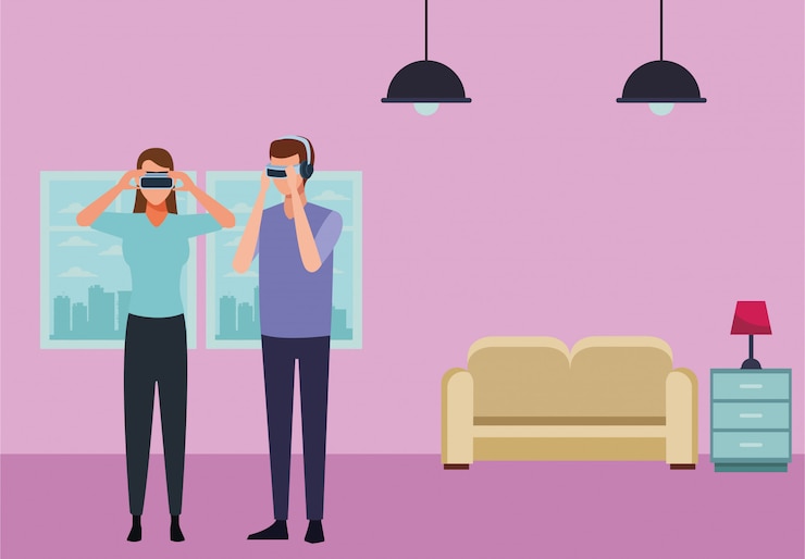 Vector people playing with virtual reality glasses