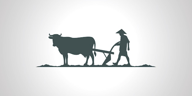 People plow field with buffalo silhouette vector illustration isolated