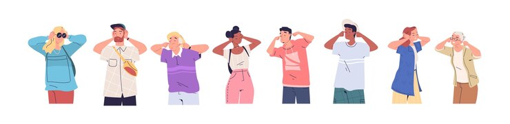 Vector 귀를 막는 사람들 화난 여자친구와 화난 남자가 큰 소리나 통증으로부터 손으로 귀를 고 스트레스를 받는 여성 을 는 소음 민감한 평평한 고급스러운 터 일러스트