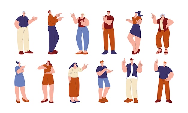 People point Pointing direction man pointed on something Businesswoman and seniors happy worker characters finger up kicky vector gestures person