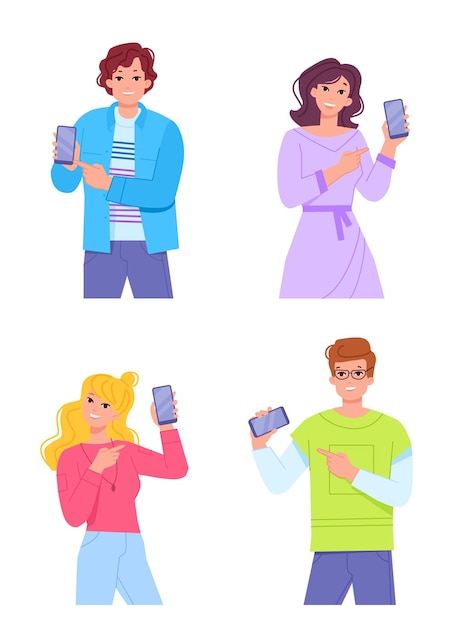 People pointing phone man showing looking on smartphone woman entrepreneur introducing cellphone person holding cellular mobile smartpoint technology swanky vector illustration