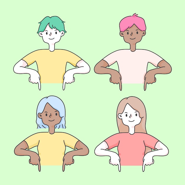 Vector people pointing set cute cartoon illustration