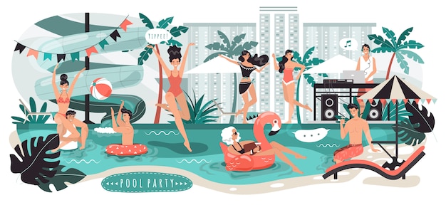 La gente alla festa in piscina in città, giovani uomini e donne che si divertono, illustrazione