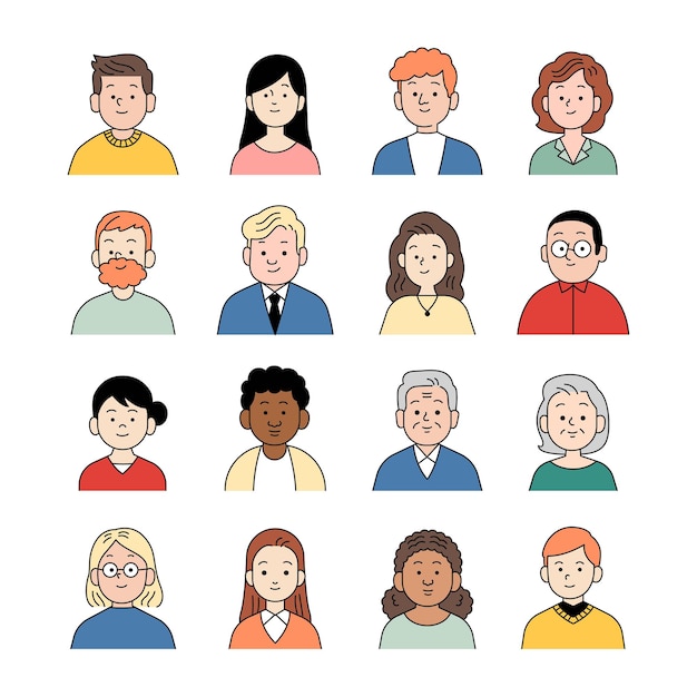 Set di ritratti di persone di impiegati avatar, persone allegre, stile icona disegnata a mano, design del personaggio, illustrazione vettoriale.