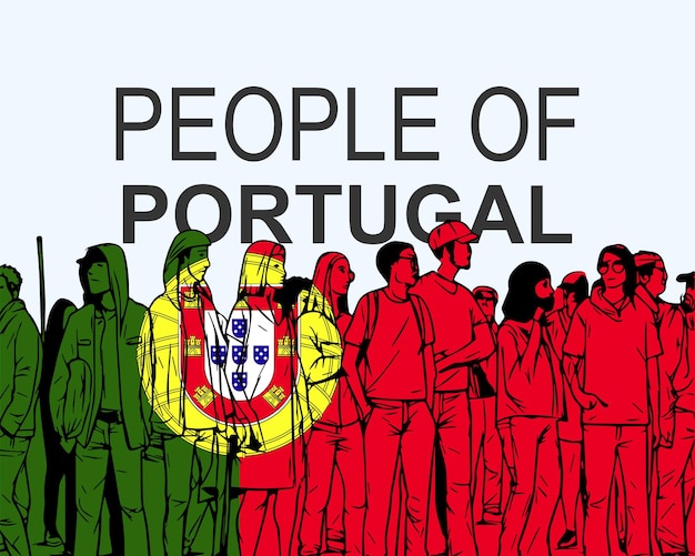 People of Portugal with flag silhouette of many people gathering idea