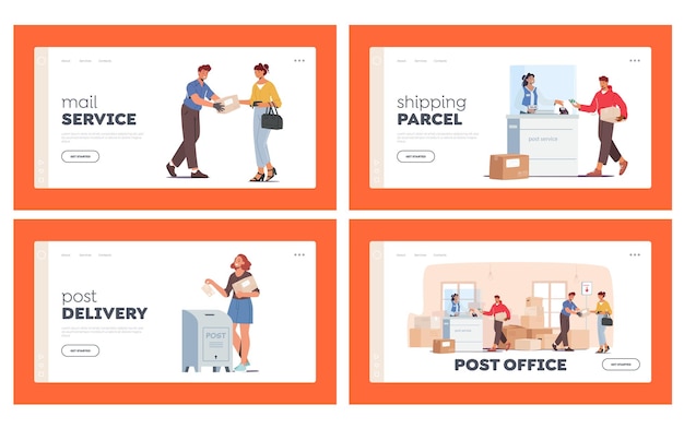 People in post office landing page template set send parcels throw letter in mail box male and female characters