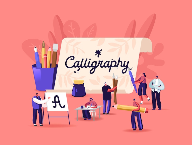 Vector people practicing in spelling lettering and calligraphy concept. characters writing letters, script, creative hobby recreation. woman sitting at table with pen in hand. cartoon vector illustration