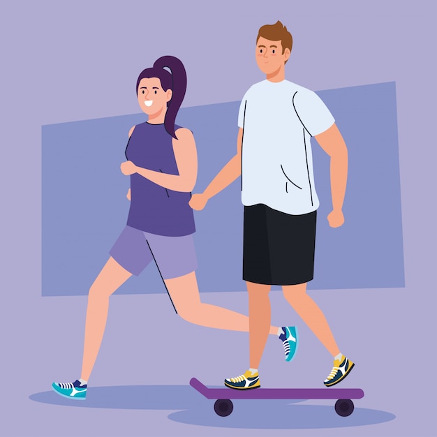 People practicing sport, woman running and man in skateboard, people athlete illustration design