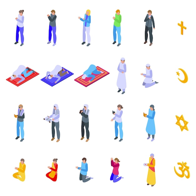 People pray icons set isometric vector Muslim carpet