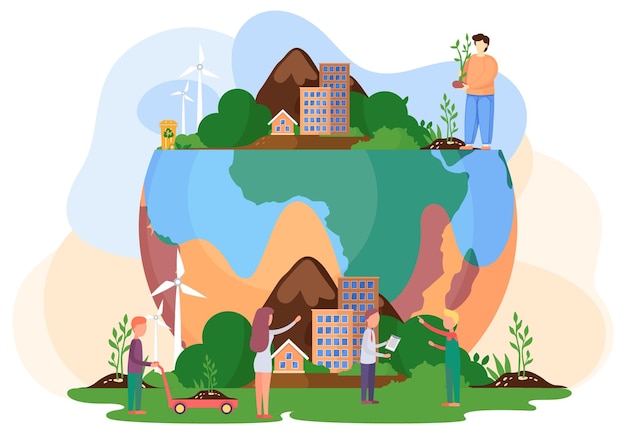 Vector people prepare for the day of the earth good side of human influence on the planet man standing on the planet plants the tree society tries to save the planet earth vector flat illustration