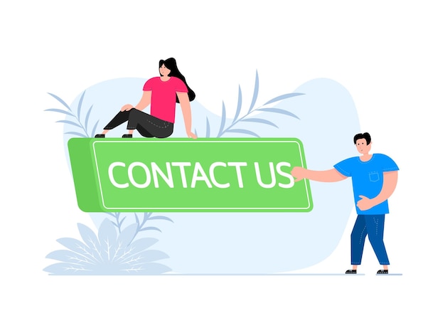 Vector people press button with text contact us click button for app and web design