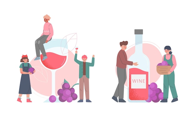 와인을 생산하고 마시는 사람들 남자와 여자가 큰 병과 잔의 알코올 음료 만화를 가지고 있습니다.