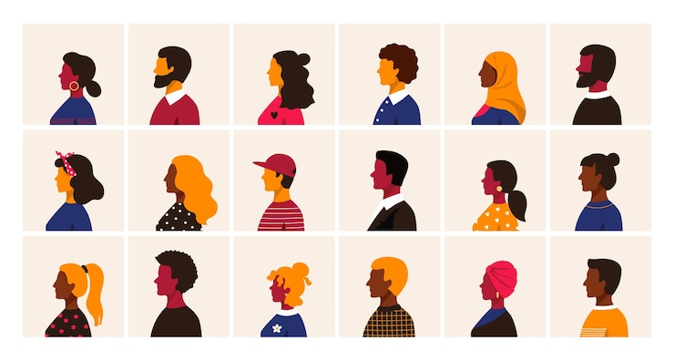 Vector people profile cartoon multiethnic man and women character user avatars trendy minimal person side view collection male and female old and young age vector different race simple set
