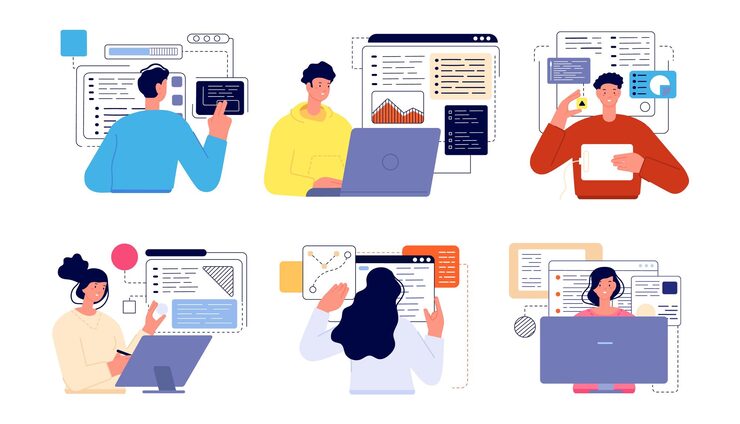 Vector people programming professional geek working screens java technology coder cartoon flat computer developer engineers utter vector characters