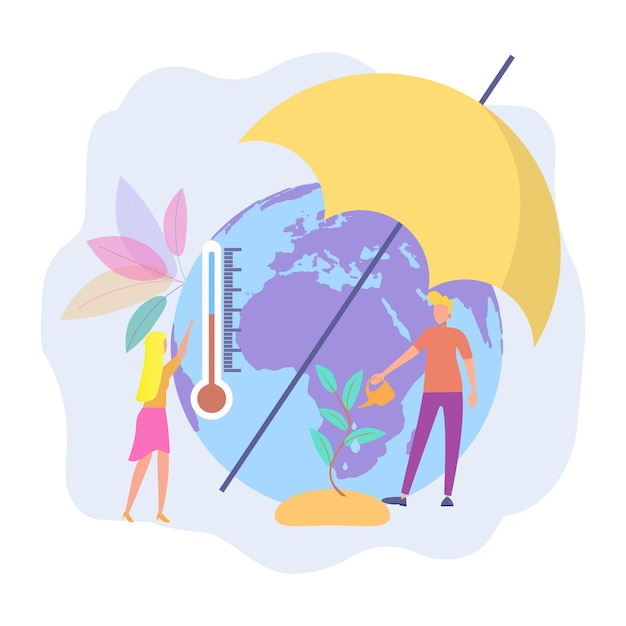 사람들은 우산으로 지구를 덮어 지구를 보호합니다. 지구 온난화 비정상적인 열 다채로운 벡터 일러스트 레이 션