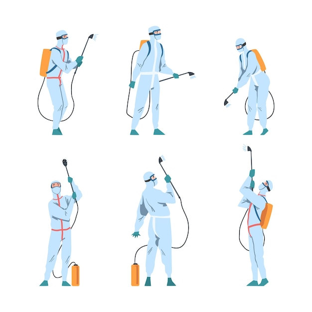 people in protective antiviral suit spraying disinfectant agent as preventive measure against spread of coronavirus disease vector set
