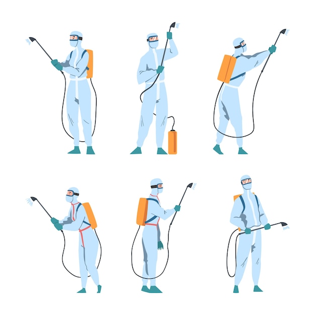 people in protective antiviral suit spraying disinfectant agent as preventive measure against spread