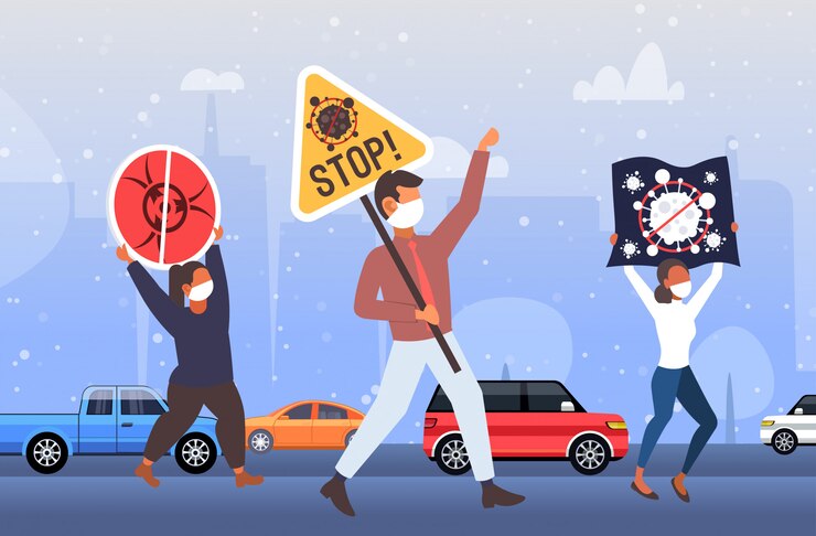 Вектор люди в защитной маске держат плакаты против коронавируса пандемической инфекции covid-19
