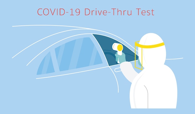 Vector people in protective suit use thermoscan to check , coronavirus, drive thru test