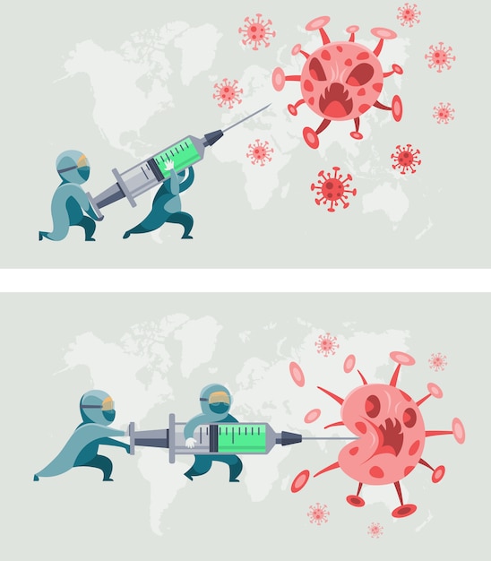 People in protective suit using the syringe to fighting, cleaning and disinfect virus