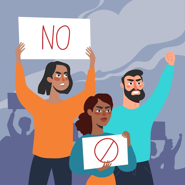 People at the protest Protesting activists with posters and loudspeakers vector flat illustration