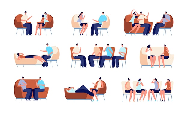 Vector people on psychotherapy. group therapy, psychologist talking with couple. family psychology, person on couch and psychoanalyst vector set. psychology and psychologist, woman psychotherapy illustration