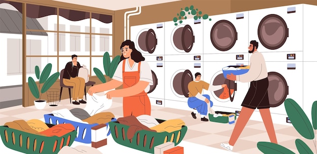 공공 세탁소에서 사람들. 세탁기와 건조기가 있는 셀프 서비스 빨래방. 자동 세탁기가 있는 현대적인 산업 세탁소. 빨래방의 컬러 평면 벡터 일러스트 레이 션.