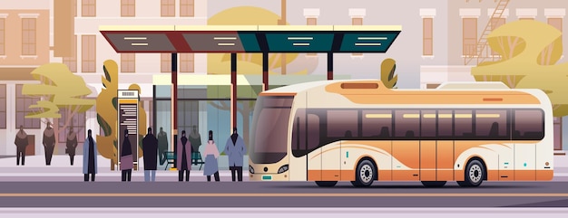 Vector people at public transport bus station comfortable moving concept horizontal cityscape background