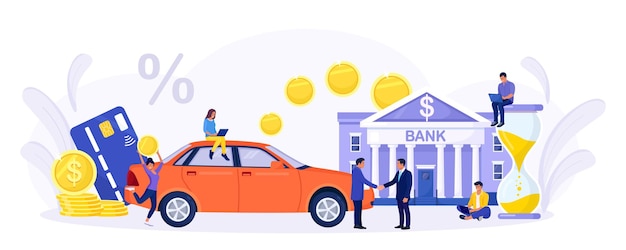 사람들은 은행 대출로 차를 구입합니다. 자동차 신용으로 새 자동차를 사는 행복한 고객. 자동차 리스. 자동차 신용, 자동차 대출, 자동차 금융, 은행 상품.
